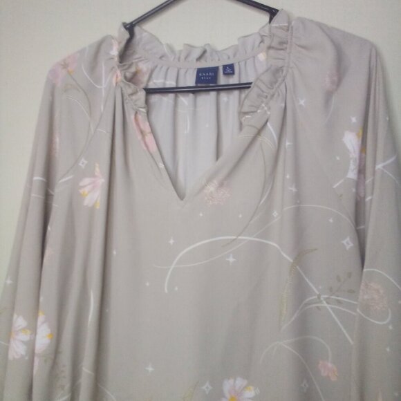 Kaari Blue Shirt Blouse L Long Sleeve Ruffle V-Neck Floral Tan Pink - Picture 14 of 16